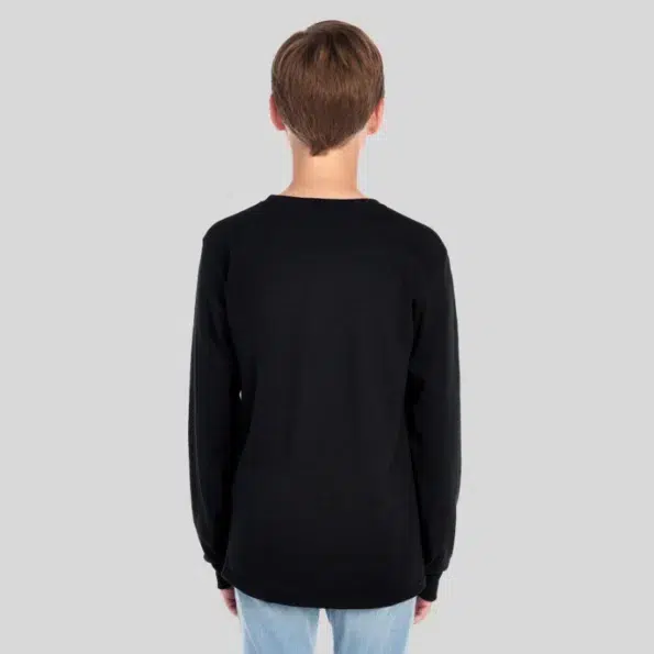 Youth moisture-wicking long sleeve t-shirt in black – Jerzees 29BLR front and back view