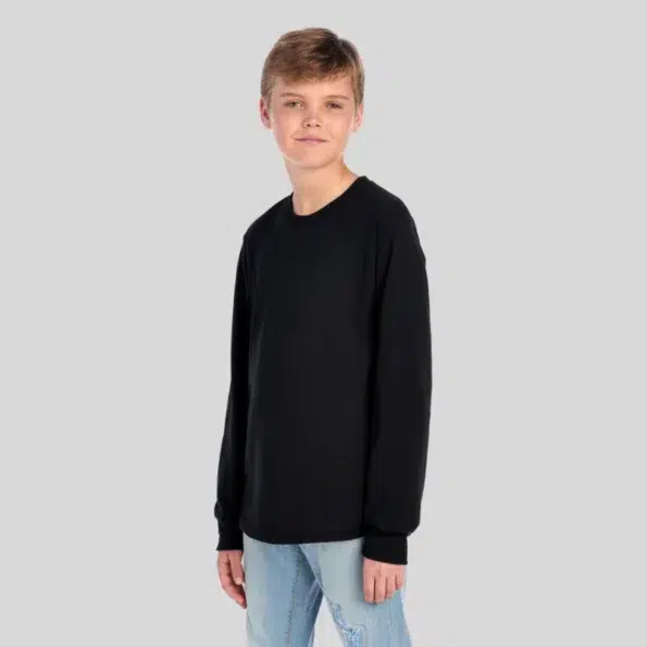 Youth moisture-wicking long sleeve t-shirt in black – Jerzees 29BLR front and back view