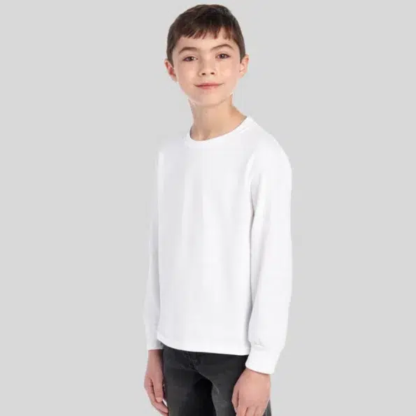 Youth moisture-wicking long sleeve t-shirt in black – Jerzees 29BLR front and back view