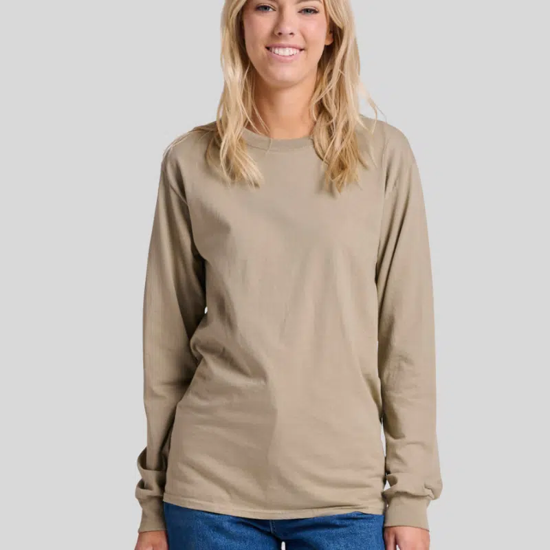 363L-LONG-SLEEVE-KHAKI-FRONT Jerzees 363L Long Sleeve T-Shirt – Unisex 100% Cotton Pre-Shrunk Jersey Tee