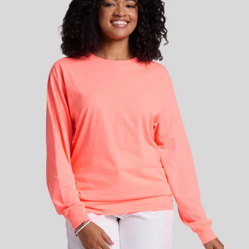 363L-LONG-SLEEVE-RETRO-CORAL-FRONT Jerzees 363L Long Sleeve T-Shirt – Unisex 100% Cotton Pre-Shrunk Jersey Tee