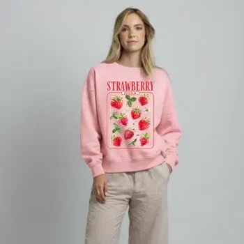Pink crewneck sweatshirt with strawberries graphic design custom wholesale apparel